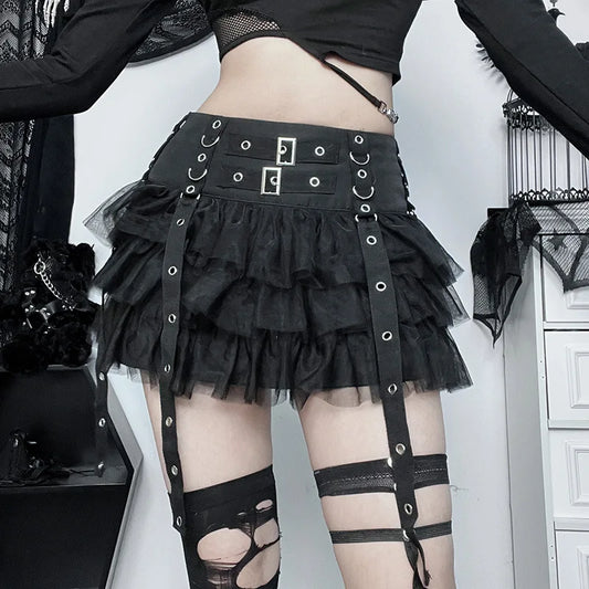 Y2K Street Dark Devil Cloth Strip Pleated Skirt Metallic Buckling Lace Layer Cake Short Skirt Women‘s High-end Design Sex Skirt