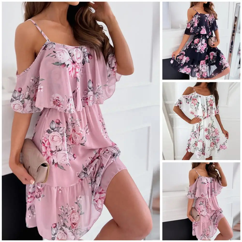 Trendy Mini Dress Flower Print Flounce Edge Colorful Above Knee Short Sleeve Women Dress Female Dress Spaghetti Strap