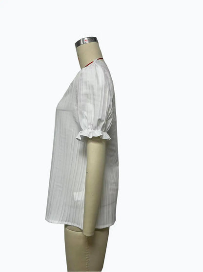 Sexy V Neck Patchwork Blouse Shirts Summer Female Short Lantern Sleeve Holiday Loose Blouse Tops SZE-ST23053