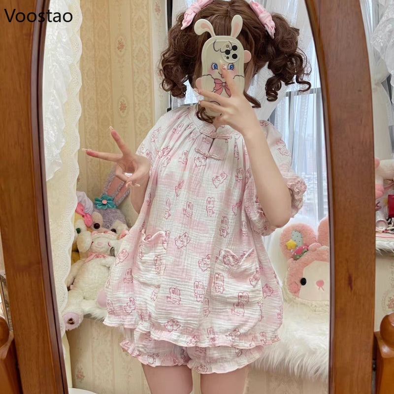 Kawaii Lolita Style Bunny Print Pajamas Set Girly Cute Short Sleeve Tops Shorts Suit Women Casual Princess Homewear Pijama Mujer