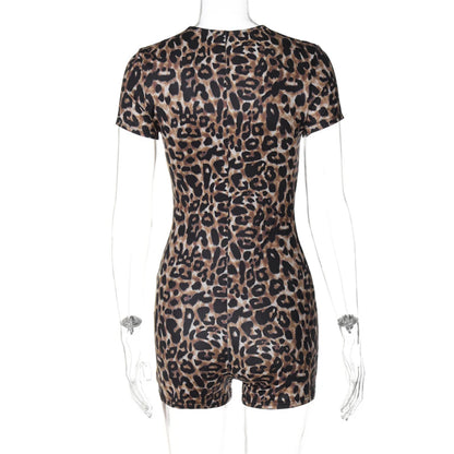2024 Summer New Product Leopard Print short Sleeved V-neck Fashionable Tight Fitting Hip Lifting Jumpsuit For Women