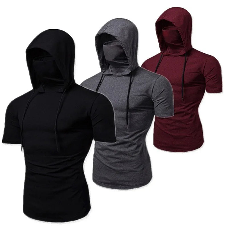 Mens Gym Thin Hoodie Short Sleeve Hoodies With Mask Sweatshirt Casual Splice Large Mask Hoodie Sweatshirt Hooded Tops Cycling Badiee Stylez