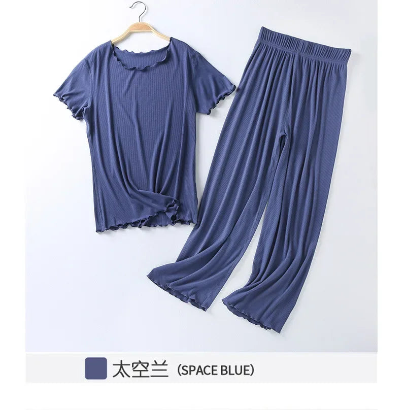 Japanese summer new ladies cotton modal short-sleeved nine-point pants suit home service suit women's large size home pajamas Space blue
