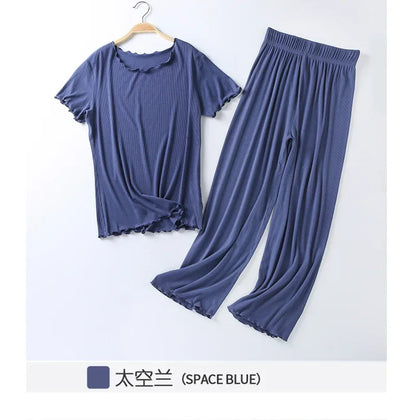 Japanese summer new ladies cotton modal short-sleeved nine-point pants suit home service suit women's large size home pajamas Space blue