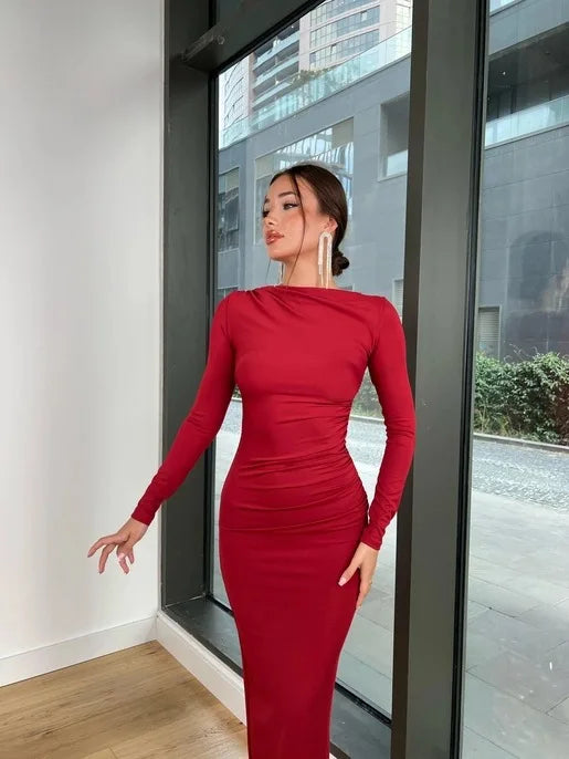 Sexy Bodycon Long Sleeve Midi Dress Women 2024 Autumn Slim Solid Party Package Hip Elegant Dresses For Women Robe Femme