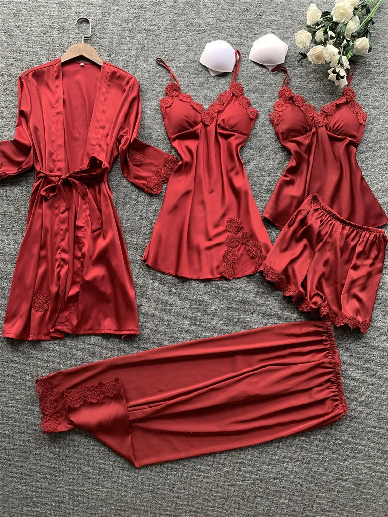 Pajamas Five Piece Set Sexy Lace Trim Nightgown Nightwear Spring Summer Women Bath Robe Loose Silk Satin Home Wear Pijamas Suit