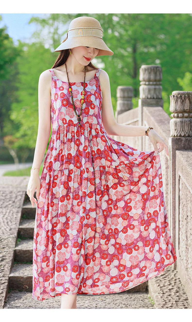 New Fashion Casual 2025 Summer Elegant Dresses For Women O-Neck Print Vintage Sleeveless Dress Loose Women Clothing