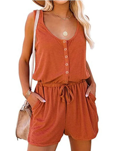 European and American Women's Summer Cross-Border New Sleeveless Jumpsuit With Waist Tied Casual Loose Wide leg Shorts Badiee Stylez