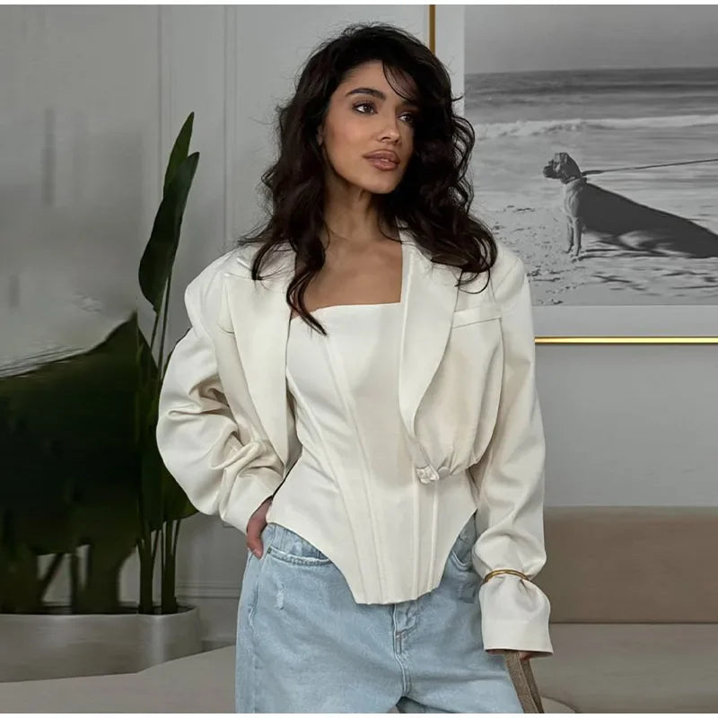 Two Piece Set Fishbone Strapless Vest Top Suit Short Jacket Solid Color Slim Fit Fashion Women Tank Blouse Waist Cinched Coat