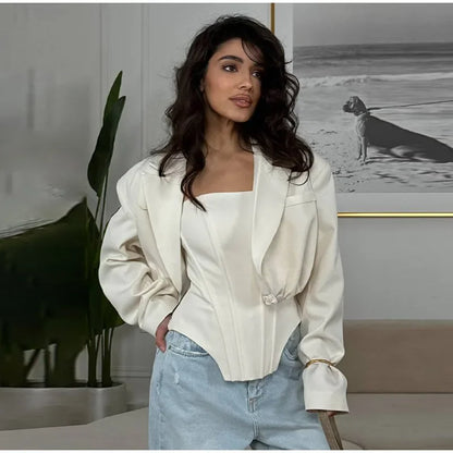 Two Piece Set Fishbone Strapless Vest Top Suit Short Jacket Solid Color Slim Fit Fashion Women Tank Blouse Waist Cinched Coat