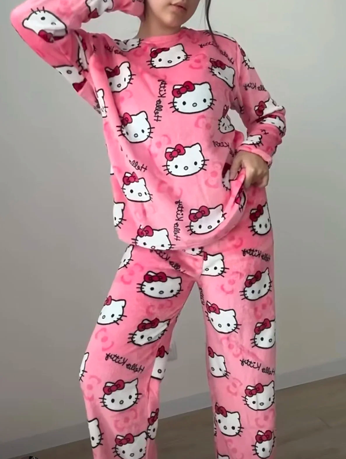 Winter Hello Kitty Pajamas Set Flannel Pants Kawaii Cartoon Pajama Suit Warm Thickened Woman Pants Plush Homewear Cute Sleepwear