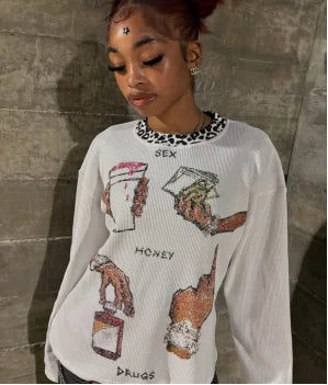 Hip-hop American Casual Y2k Harajuku Pullover Fun Letter Printing Niche Personalized Design Long-sleeved T-shirt Top Streetwear