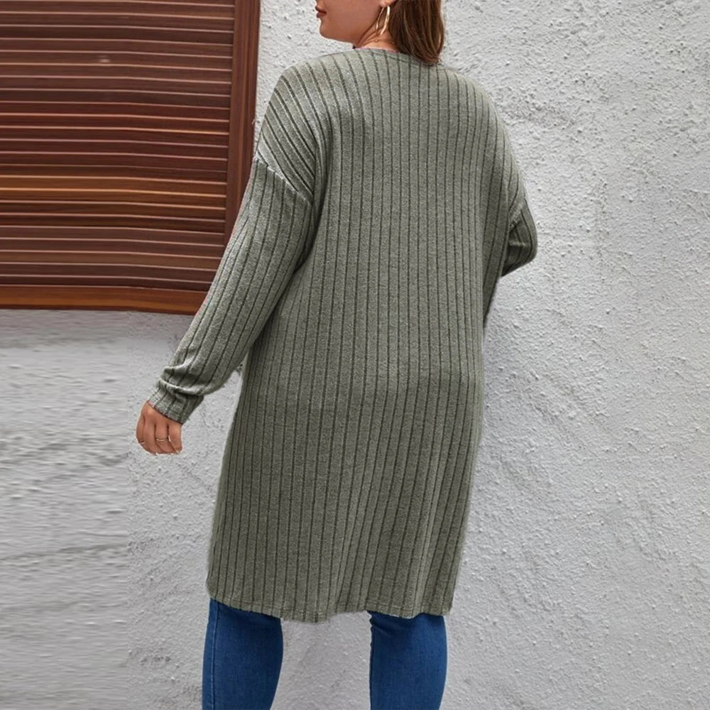 Plus Size Women's Solid Ribbed Long Sleeve Pockets Cardigan Tops Spring Autumn Ladies Casual Coatigan Outwear Size 1XL-5XL