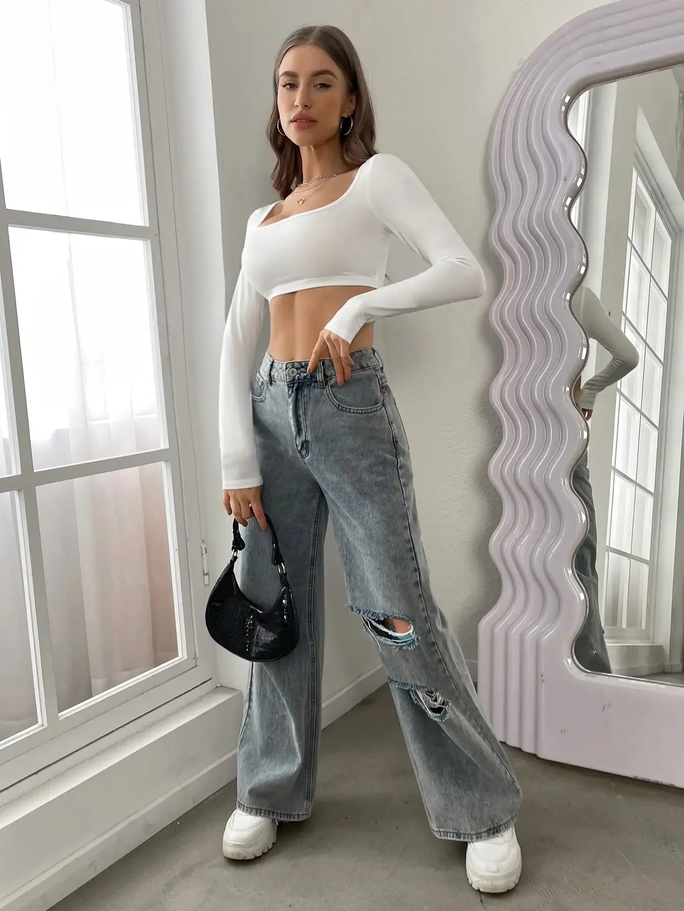 Hottie Sexy High Street Short Long Sleeve T-shirt Women's Knitted Road Belly Button Low Neck Tight Top