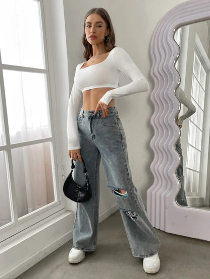 Hottie Sexy High Street Short Long Sleeve T-shirt Women's Knitted Road Belly Button Low Neck Tight Top