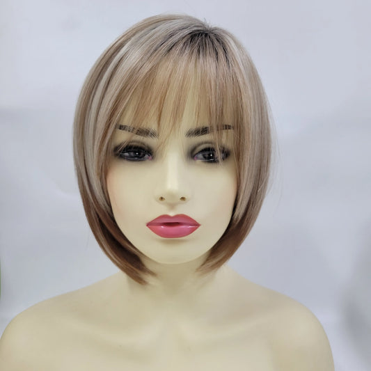 Women's Fashion Bob Hair Short Blonde Bob Wigs with Bangs Black Roots Straight Synthetic Ombre Hair Party Wig for Lady