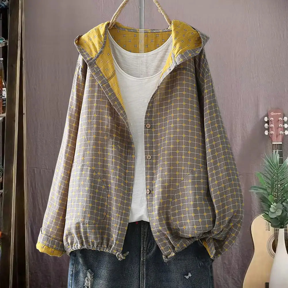 Women Spring Autumn Coat Hooded Drawstring Hem Long Sleeve Printing Loose Zipper Closure Jacket with Pockets Daily Wear Commutin