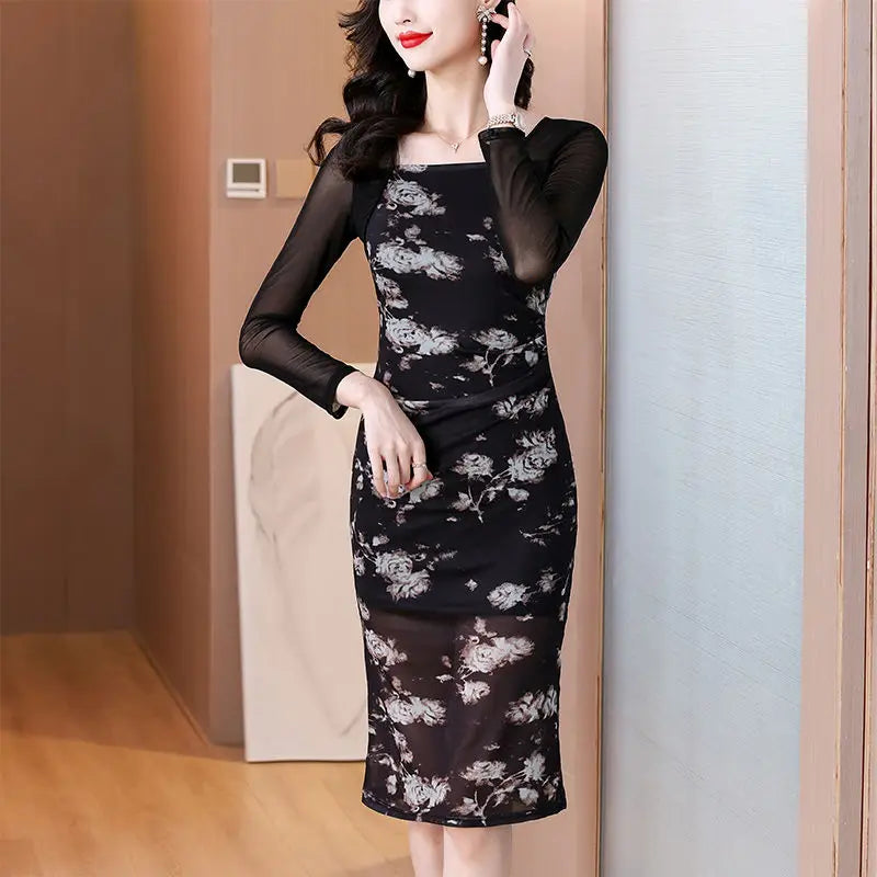 Women's 2025 New Slim Hip Square Neckline Temperament Dress