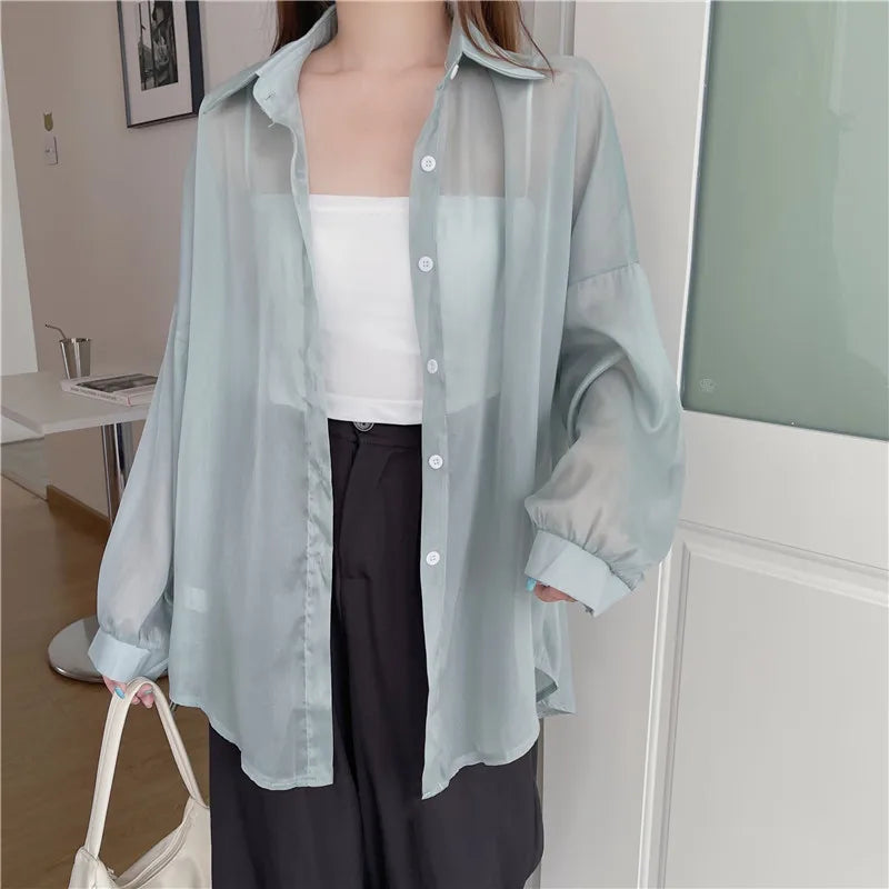 Semi Sheer Long Sleeve Shirt for Women Shimmer Button Down Collared Plain Lightweight Shirt Spring Summer Chic Tops Outfit