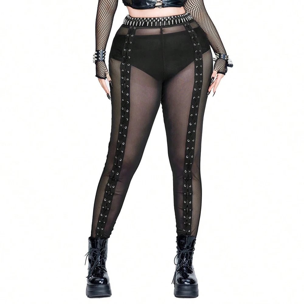 Plus Size Rave Coachella Women's Cock Eye Webbing Drawstring Tie-Up Mesh Spliced Mesh Trousers Punk Style