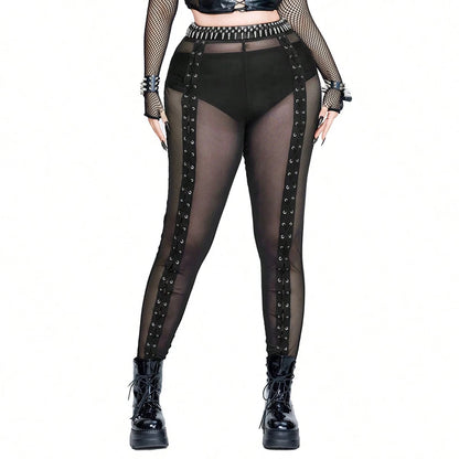 Plus Size Rave Coachella Women's Cock Eye Webbing Drawstring Tie-Up Mesh Spliced Mesh Trousers Punk Style