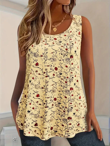 Plus Size 1XL-5XL Women's Fashion Summer Small Floral Print Tank Top Ladies Casual Sleeveless Crew Neck Casual Tank Top Yellow