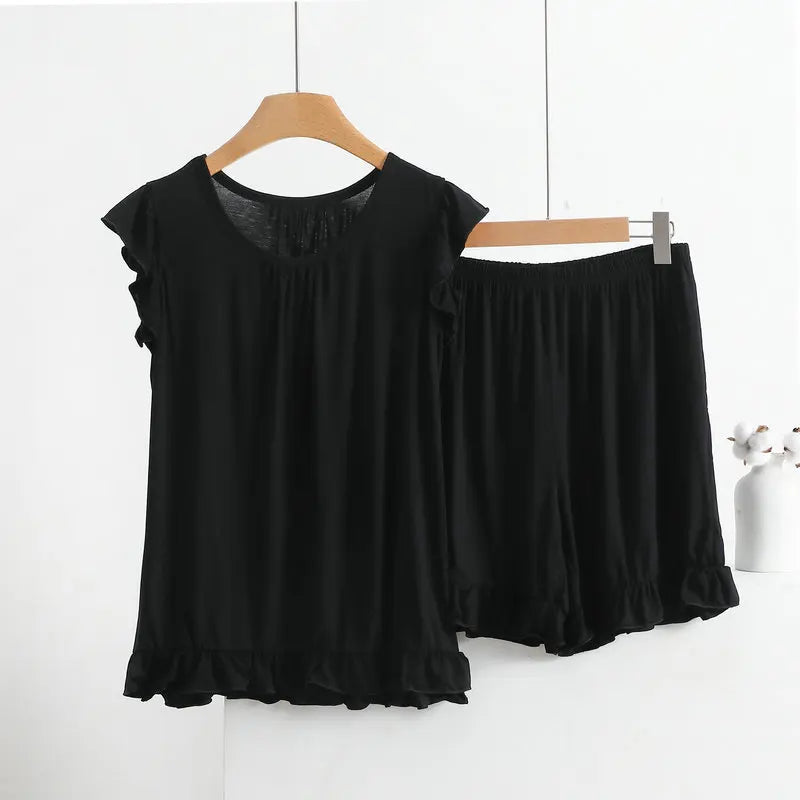 XL-8XL Plus Size Modal New Sleeveless Tops Ladies' Pajamas And Shorts Summer Women's Sleepwear Pyjamas Femme Nightwear Suit black