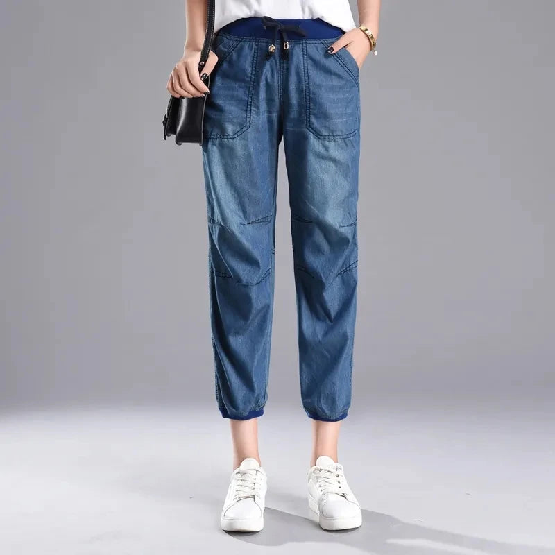 Summer Styles Loose Jeans For Women Calf-Length Harem Pants Elastic High Waist Thin Pants Fashion Jeans 4XL blue 1