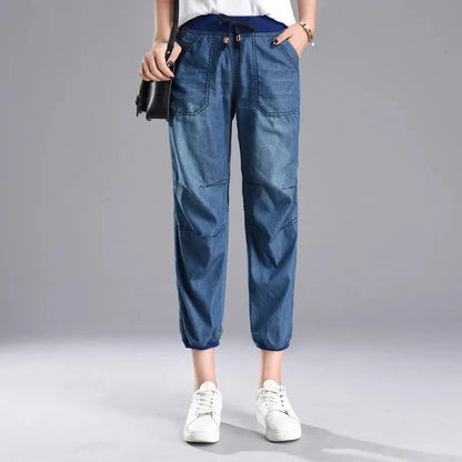 Summer Styles Loose Jeans For Women Calf-Length Harem Pants Elastic High Waist Thin Pants Fashion Jeans 4XL blue 1