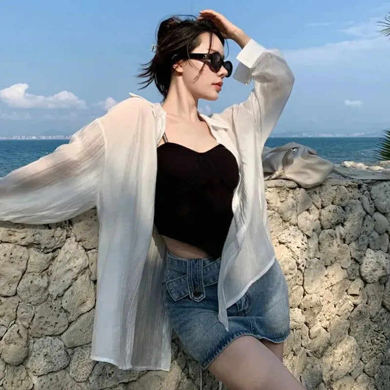 Thin Long Sleeve Sunscreen Shirt Woman Korean Fashion Back Split Lace Up White Shirts Women Casual Loose Holiday Beach Blouse