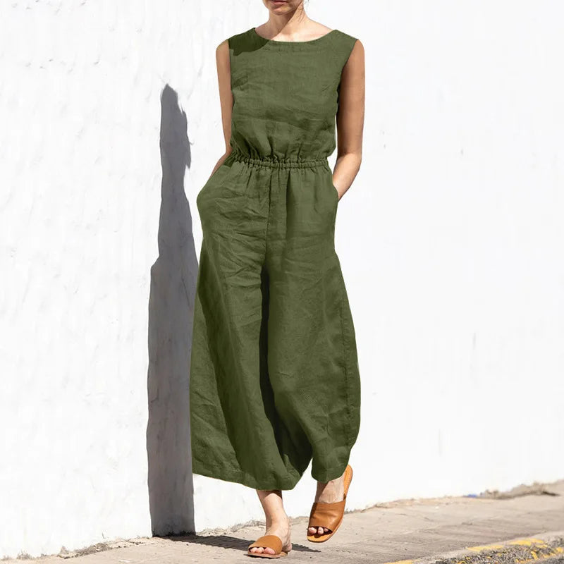 Elegant Solid Cotton Linen Women Jumpsuit Fashion Button O Neck Sleeveless Pocket Jumpsuits Ladies Elastic Waist Office Clothing army green