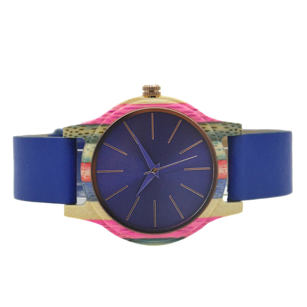 Mens Womens 40mm Big Neutral Colouful Bamboo Wooden Watch Unisex Japan Analog Quartz Leather Strap Casual Watches