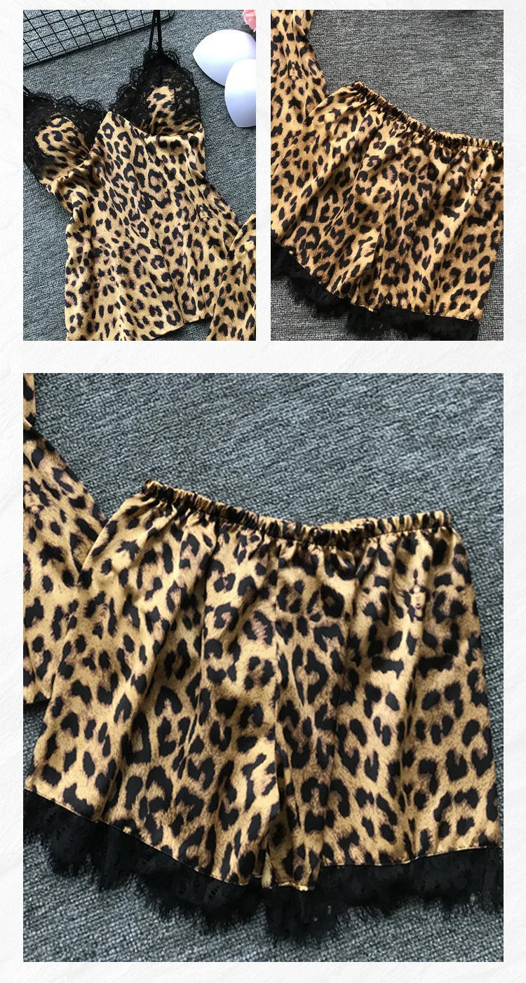 Sexy Leopard Print Sleepwear Women's Cami Top and Shorts Pajama Set Lace Trim Loungewear Trendy Animal Print Pjs New Hot Gift