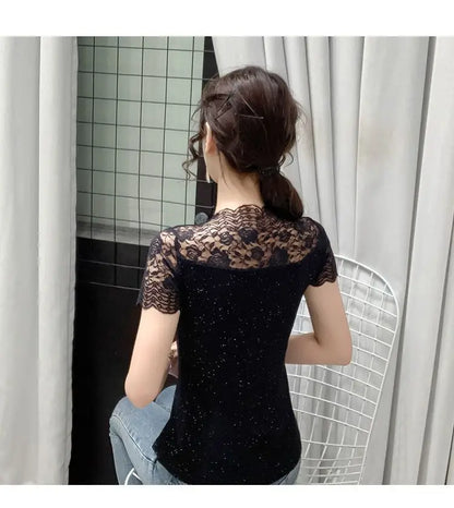 Summer Women Tops Patchwork Bright silk Mesh T shirt Pathcwork Short Sleeve Lace Shirt