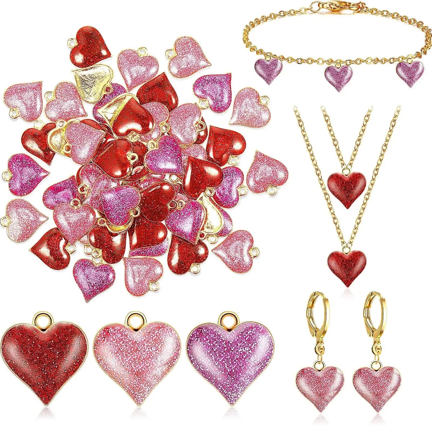 15pcs Heart Shape Pendant Charms Pink Red Valentines Love Oil Drip Metal Glitter Powder For Jewelry Making DIY Bracelet Necklace