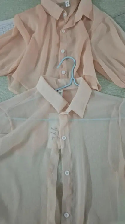 Casual Loose Hollow White Clothes Elegant Solid Color Tied Waist Blouse Women Summer Bat Half Sleeve Button Chiffon Shirt 9776