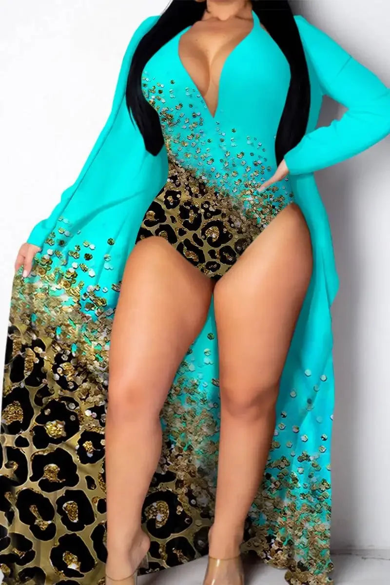 Women's Plus Size Leopard Beach Bikini Women's Bohemian Printed Bikini Bodysuit Elegant Self Buckling Kimono Summer Swimsuit