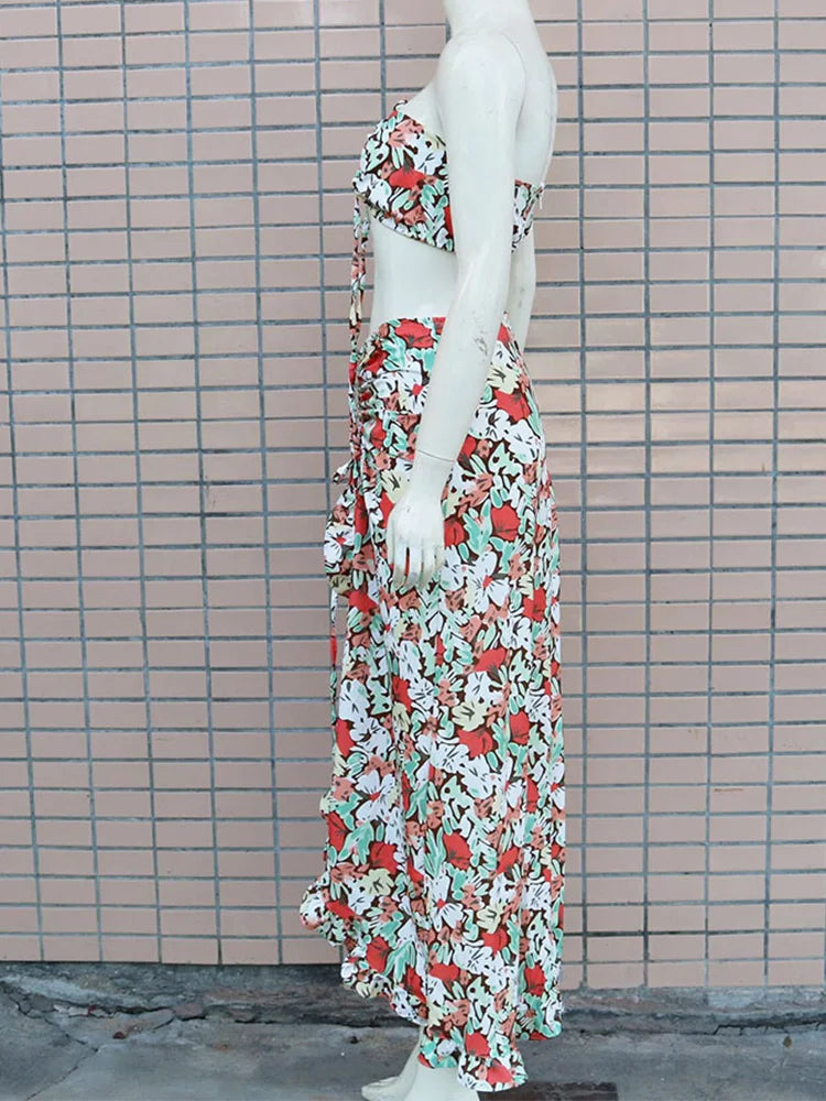 Floral Print Strapless Crop Tops & Shirring Ruffles Slit Maxi Skirts Set Women Summer Two Piece Set