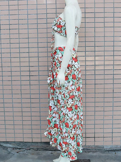 Floral Print Strapless Crop Tops & Shirring Ruffles Slit Maxi Skirts Set Women Summer Two Piece Set