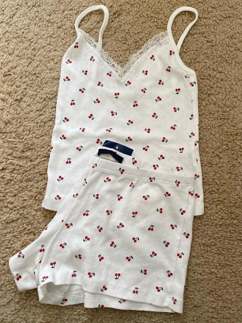 Blue Striped Tank Shorts Pajama Set Women Summer Sleeveless Crop Top+Elastic Waist Straight Short Pant Cotton Home 2 Piece Sets Lace trim cherry One Size