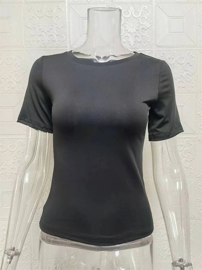 2025 Spring New Short Sleeve T-Shirt Women Solid Simple Casual Soft All-Match Hot Basic Crop Tops Tees Summer Fashion Slim Fit T