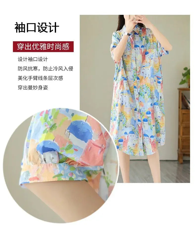 Fashionable Cartoon Printed Short-sleeved Shirt Skirt for Women in Summer Loose Dress