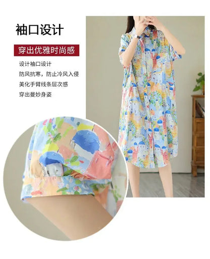 Fashionable Cartoon Printed Short-sleeved Shirt Skirt for Women in Summer Loose Dress
