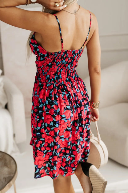 Summer Fashion Floral Print Spaghetti Strap Dresses Women Sexy V-neck Chic Vacation Style Midi Dress Temperament Ladies Vestidos