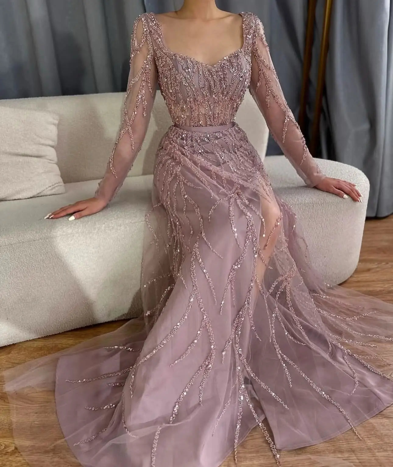 Glamorous Evening Dress Formal Occasion Dress Square Neck Long Sleeves Shining Applicants Sequins Prom Gowns Vestido De Noite Badiee Stylez