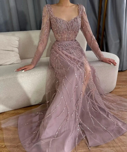 Glamorous Evening Dress Formal Occasion Dress Square Neck Long Sleeves Shining Applicants Sequins Prom Gowns Vestido De Noite Badiee Stylez