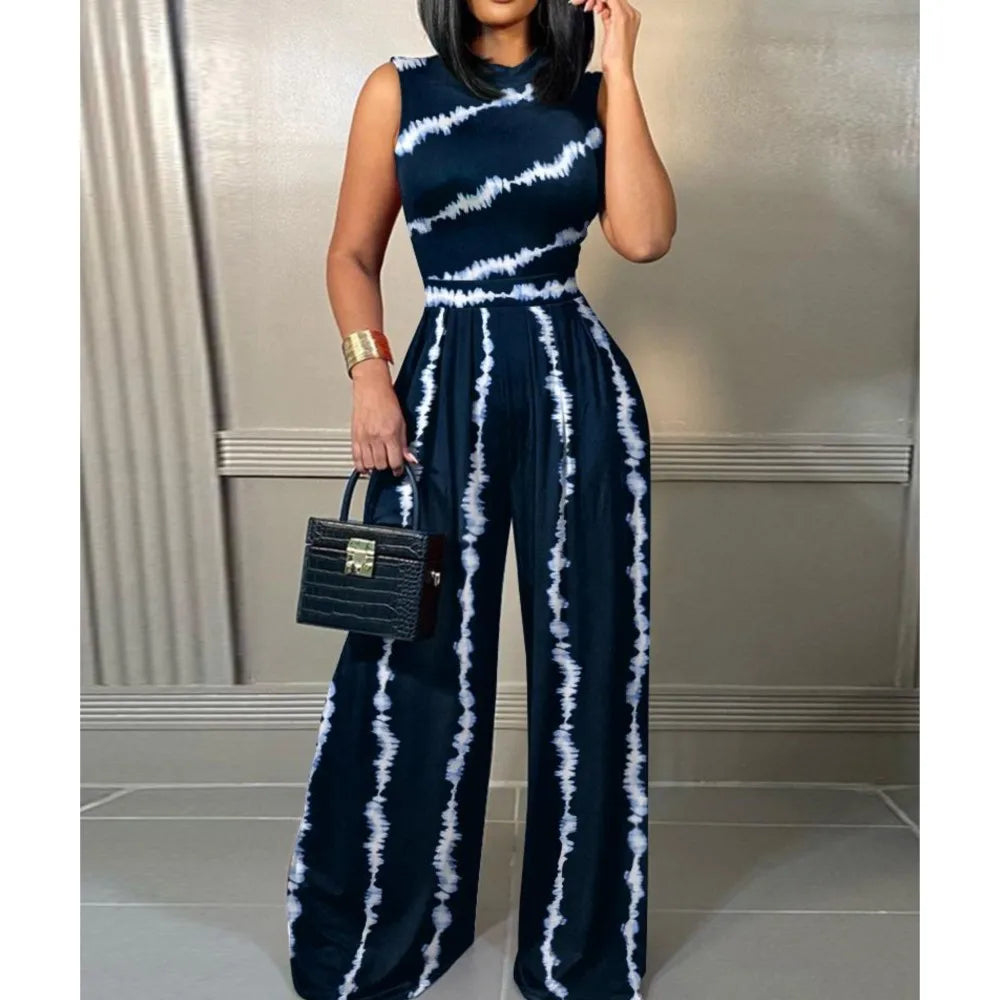 Elegant Women Wide Leg Long Juumpsuit 2024 Spring Summer Fashion Printed Sleeveless Casual Holiday Bodysuits Jumpsuits Trousers