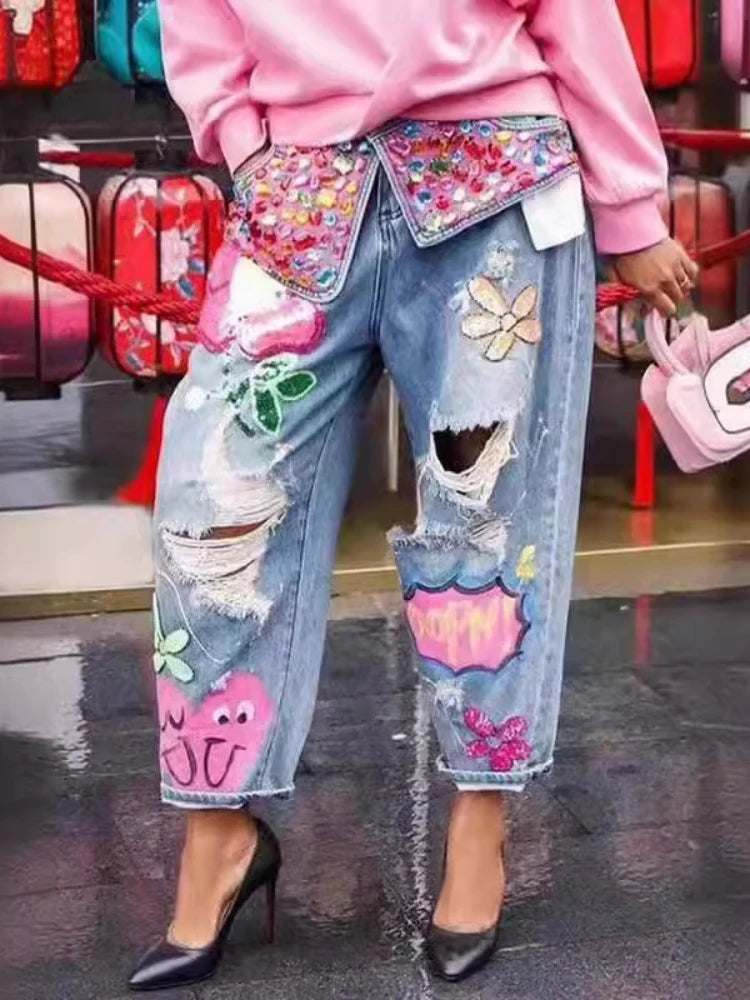 Chic Women Spring Floral Embroidery Diamonds Beaded Holes Denim Pants High Waist Loose Rhinestones Jeans Cowboy Broken Trousers SKY BLUE CHINA