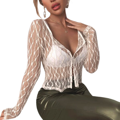 Women Sexy See Through Cardigans Y2K Long Sleeve Lace Mesh Lace Vintage Lace Tie Up Floral Crop Tops Streetwear Cardigans B-White
