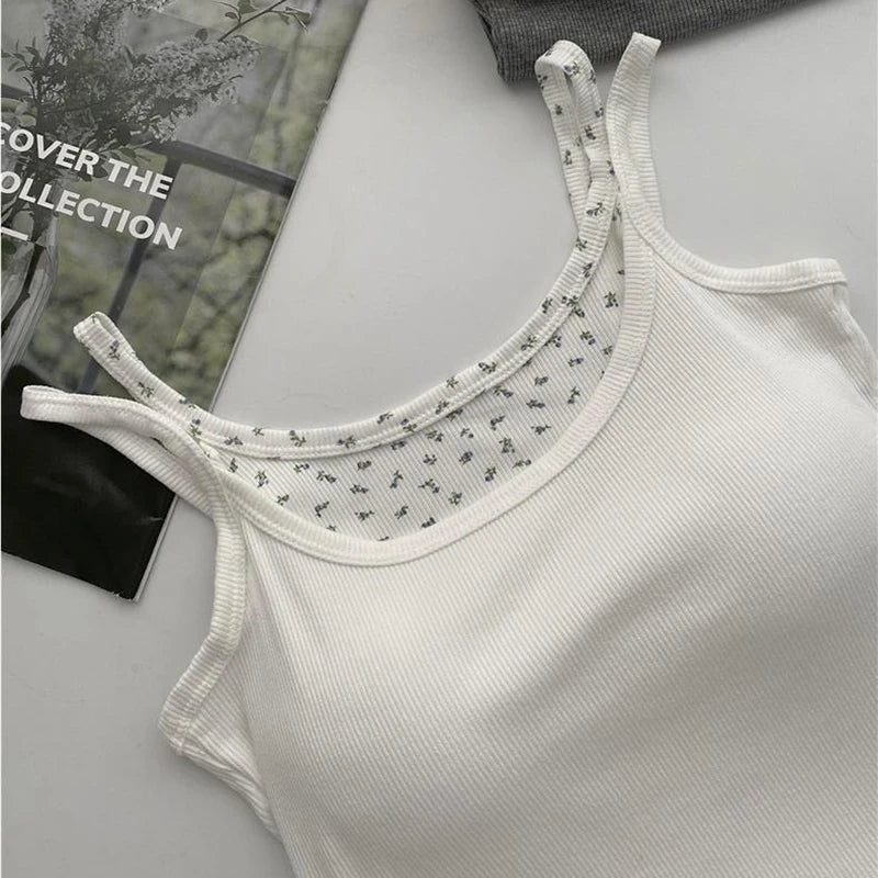 Women Sweet Patchwork Floral Printing Tank Tops With Bra Pad Sexy Off Shoulder Spaghetti Strapy Top Summer Worn Outside Camisole